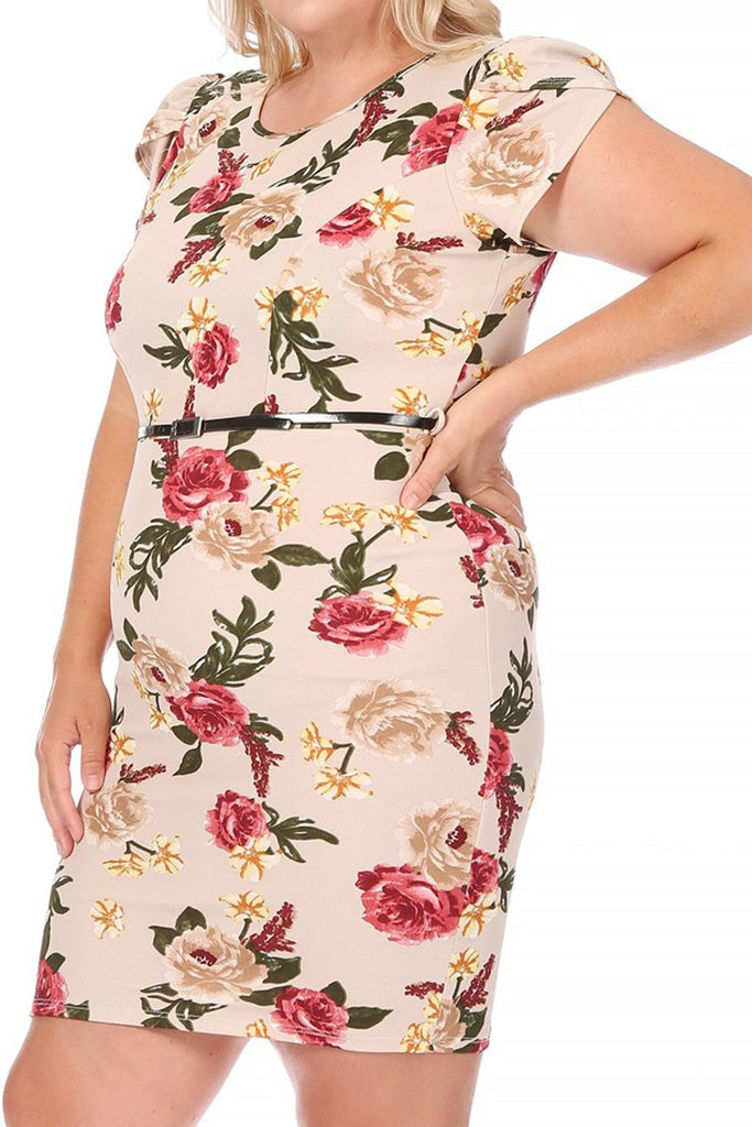 Women's Elegant Plus Size Floral Pencil Work Dresses Short Sleeve Round Neck with Belt FashionJOA