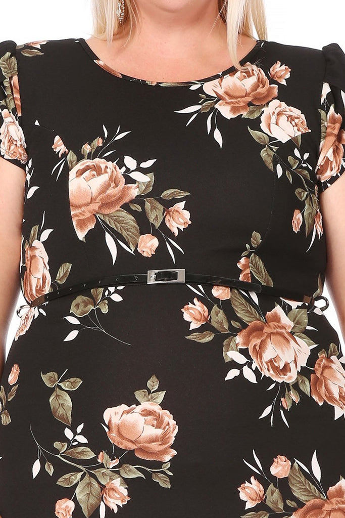 Women's Elegant Plus Size Floral Pencil Work Dresses Short Sleeve Round Neck with Belt FashionJOA