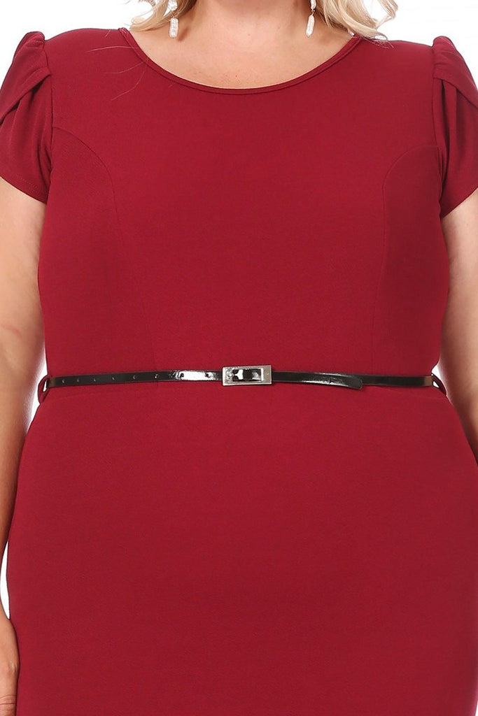 Women's Elegant Plus Size Solid Pencil Work Dresses Short Sleeve Round Neck with Belt FashionJOA