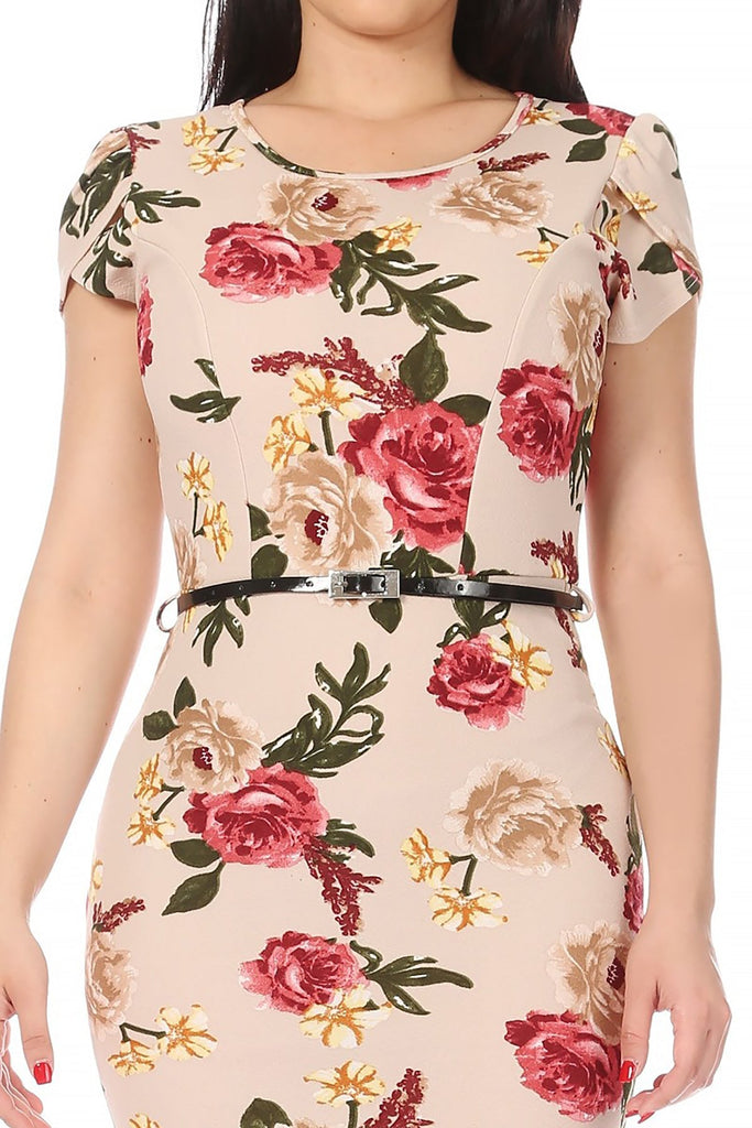 Women's Floral Puff Sleeves Midi Dress with Belt FashionJOA