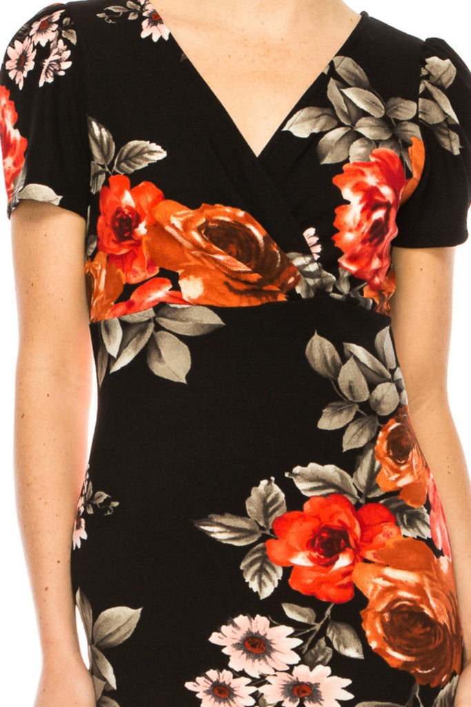 Women's Floral Sheath Dress with Deep V-Neckline and Puff Sleeves FashionJOA