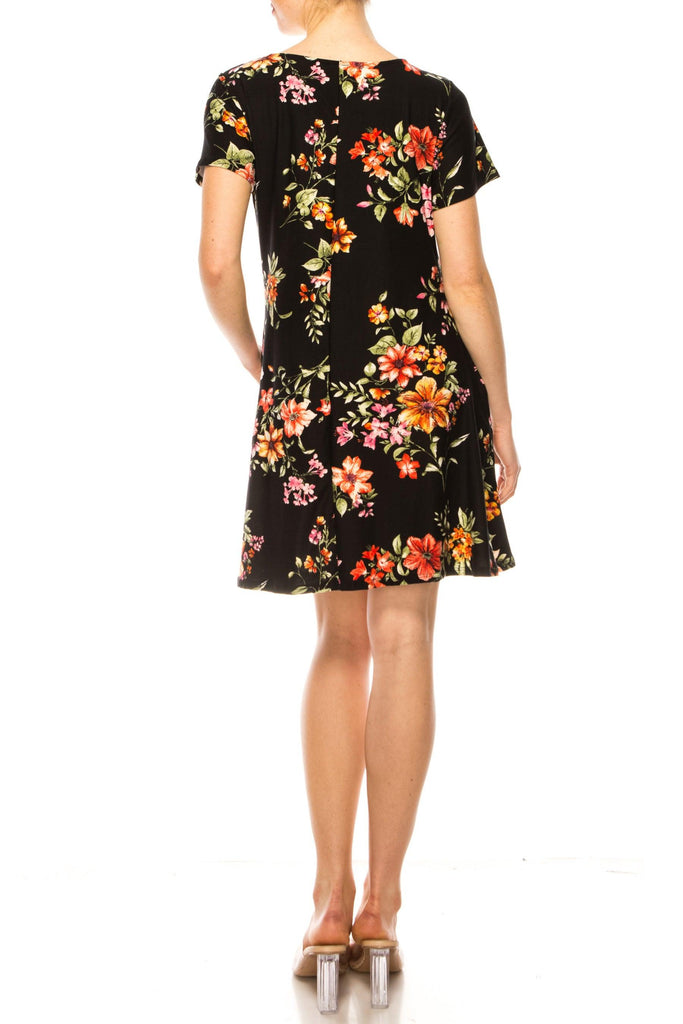 Women's Floral Short Sleeve Dress with Round Neckline and Side Pockets FashionJOA