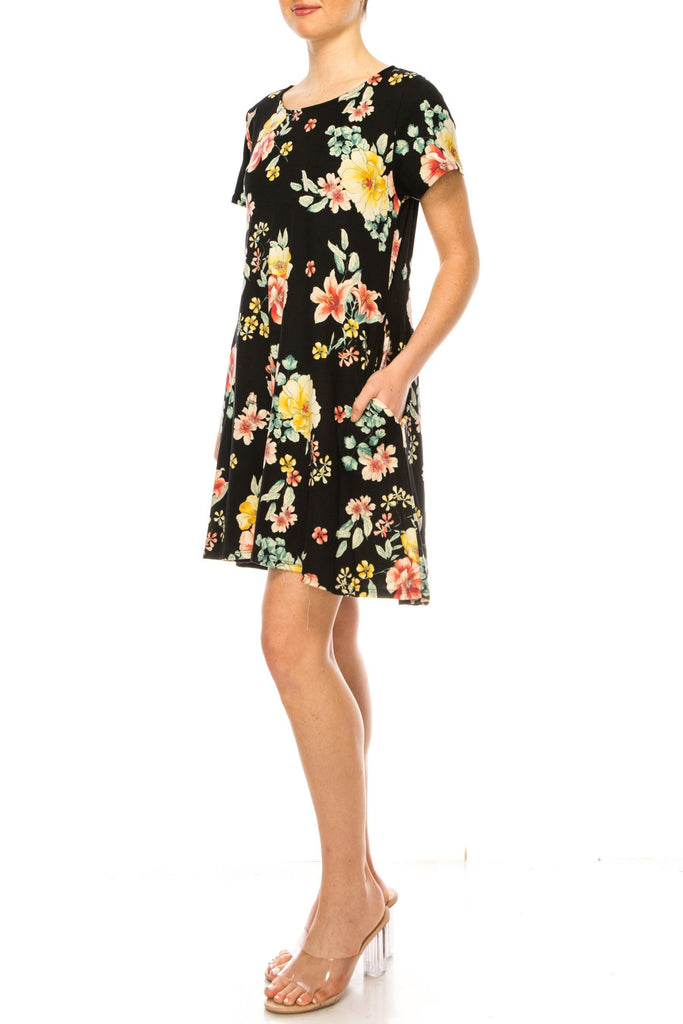 Women's Floral Short Sleeve Dress with Round Neckline and Side Pockets FashionJOA