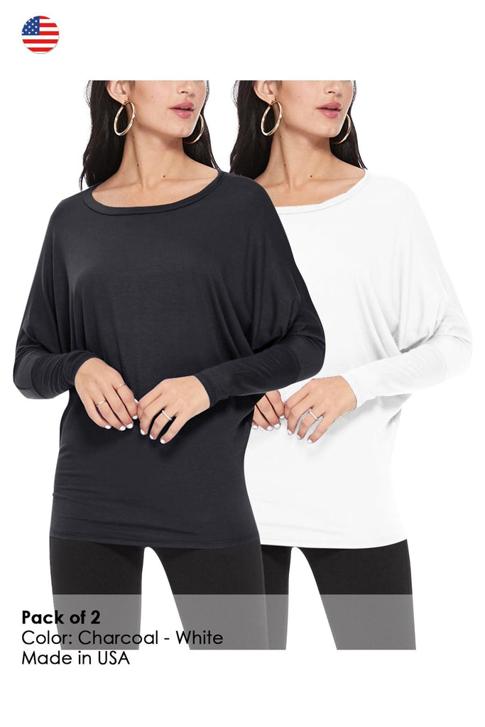 Women's Lightweight Solid Stretch Loose Fit Long Sleeve Dolman Tunic Top (Pack of 2) FashionJOA
