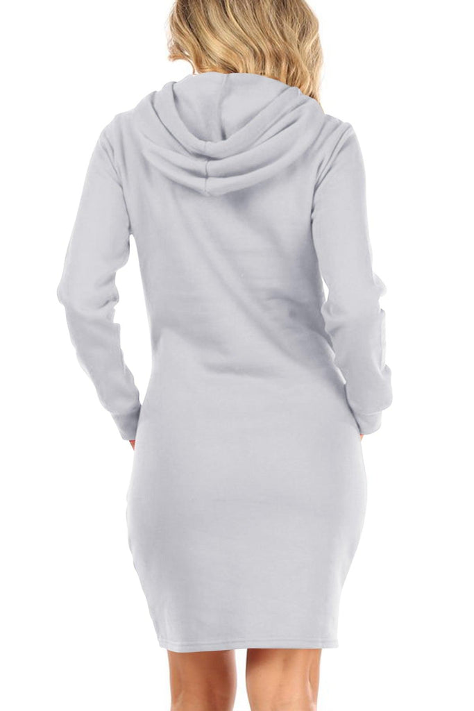Women's Long Sleeve Fleece Pull On Mini Midi Solid Hooded Dress FashionJOA