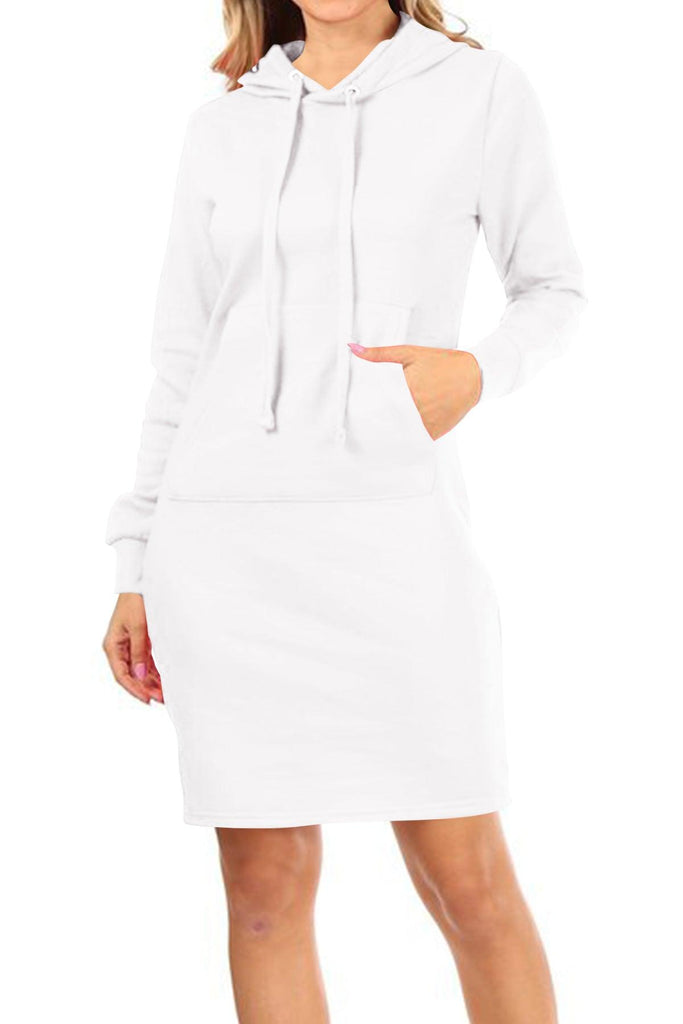 Women's Long Sleeve Fleece Pull On Mini Midi Solid Hooded Dress FashionJOA