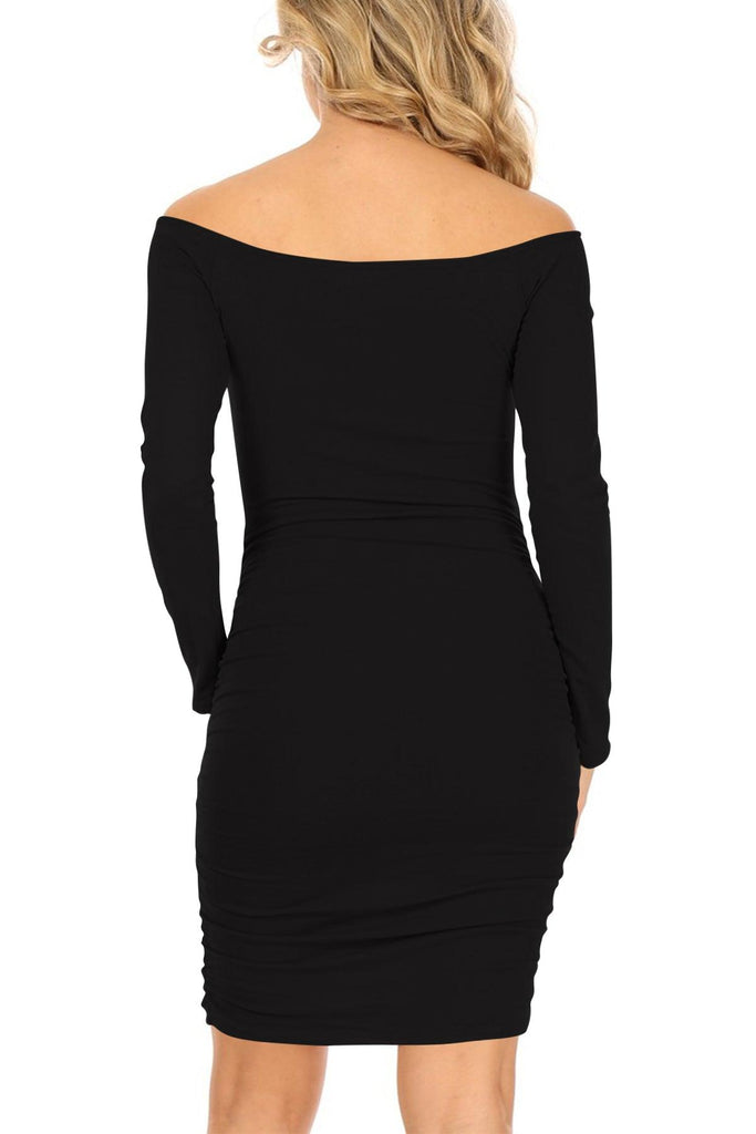 Women's Long Sleeve Side Shirring Off Shoulder Slim Fit Bodycon Solid Midi Dress FashionJOA