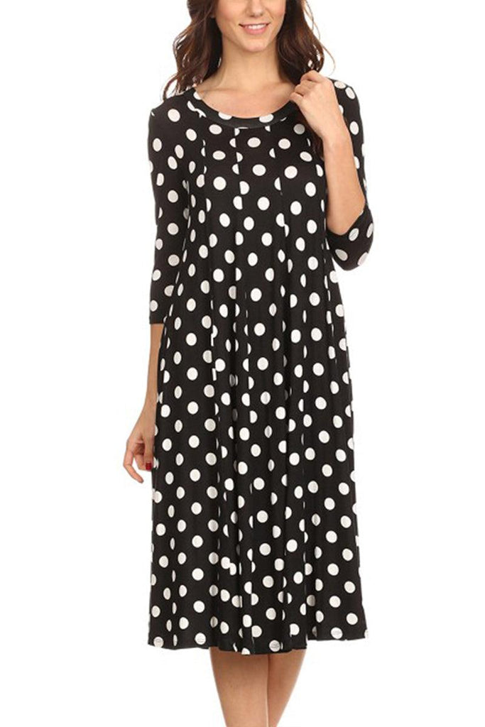 Women's Loose Fit Scoop Neck 3/4 Sleeve Polka Dot Patterned A-Line Midi Dress FashionJOA
