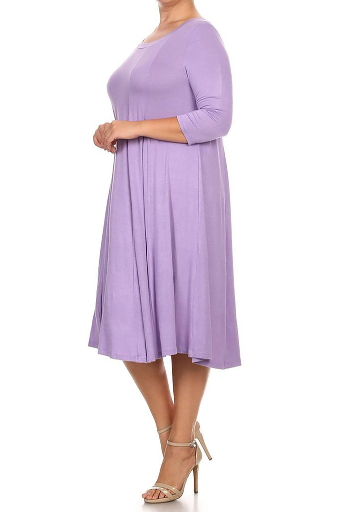 Women's Plus Size Casual 3/4 Sleeves Basic A-Line Pleated Solid Midi Dress FashionJOA