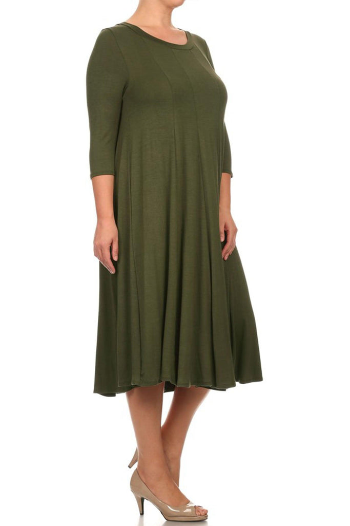 Women's Plus Size Casual 3/4 Sleeves Basic A-Line Pleated Solid Midi Dress FashionJOA