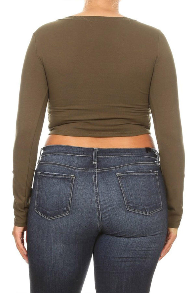 Women's Plus Size Casual Basic Long Sleeves Cotton Stretch Solid Active Crop Top T-Shirt FashionJOA