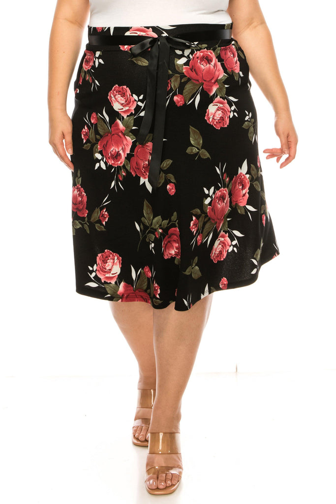 Women's Plus Size Casual Floral Print A Line Waist Bow Tie Belted Knee Length Midi Skirt FashionJOA