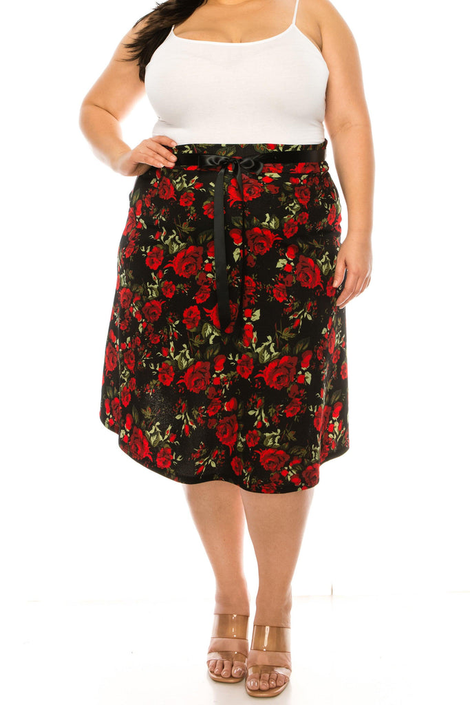 Women's Plus Size Casual Floral Print A Line Waist Bow Tie Belted Knee Length Midi Skirt FashionJOA