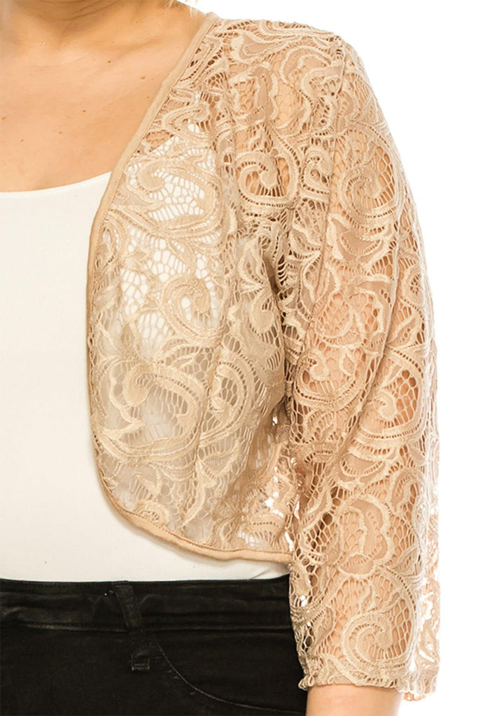 Women's Plus Size Casual Lace Bolero Crochet Cardigan 3/4 Sleeve Sheer Cover Up Jacket FashionJOA