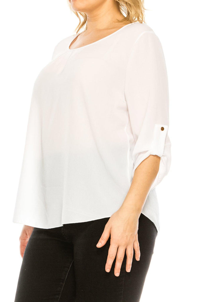 Women's Plus Size Casual Round Neck Loose Fit Roll Tab 3/4 Sleeve Blouse FashionJOA