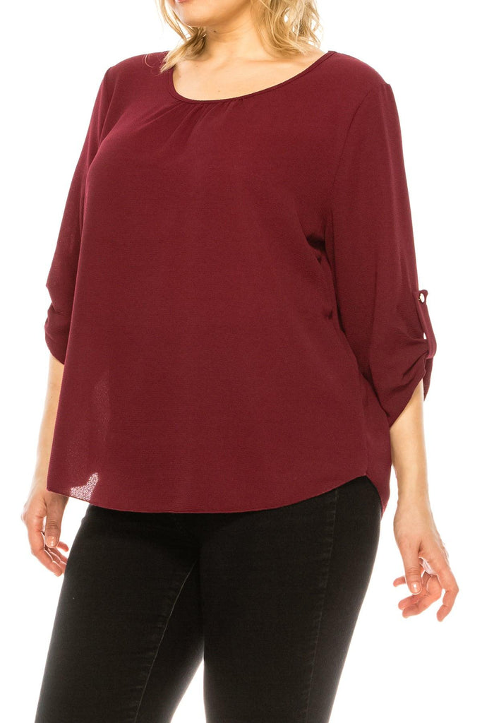 Women's Plus Size Casual Round Neck Loose Fit Roll Tab 3/4 Sleeve Shirt Blouse Tops FashionJOA