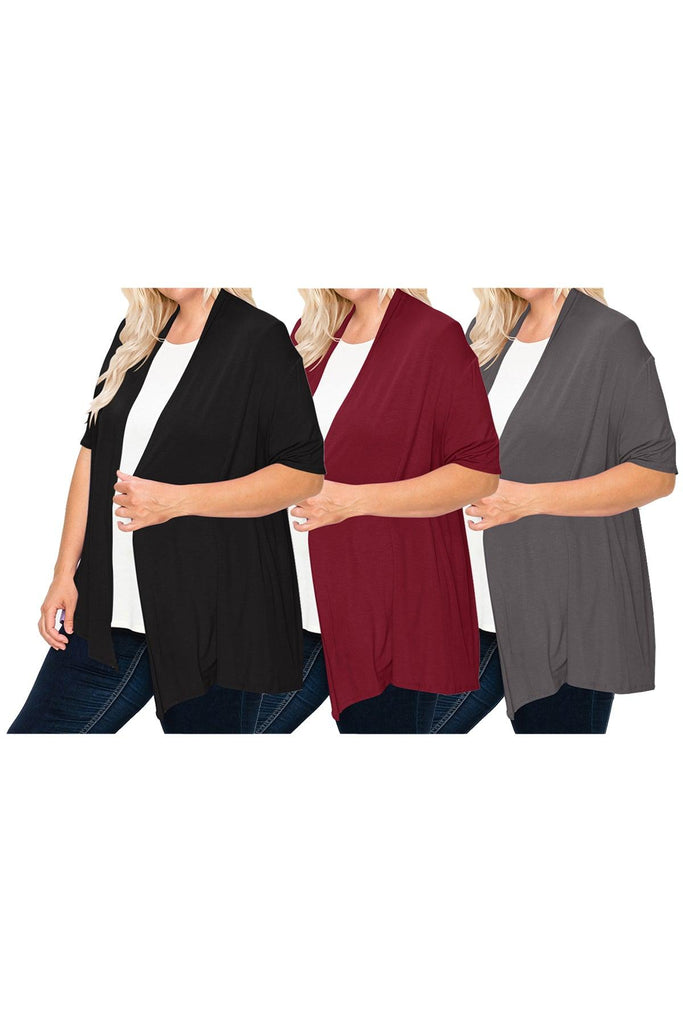 Women's Plus Size Casual Short Sleeve Solid Draped Open Cardigan (Pack of 3) FashionJOA