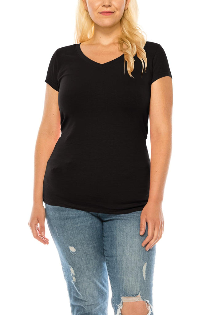 Women's Plus Size Casual Short Sleeve V-Neck Solid Basic T-Shirt Top FashionJOA