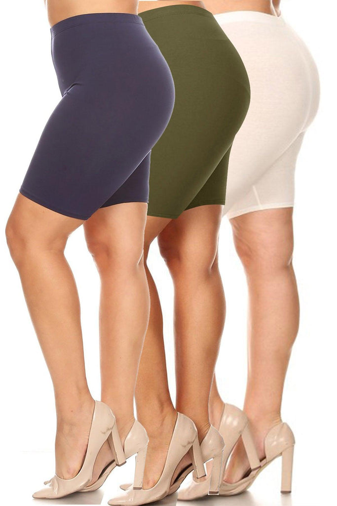 Women's Plus Size Casual Solid Elastic High Waist Stretch Biker Shorts (Pack of 3) FashionJOA