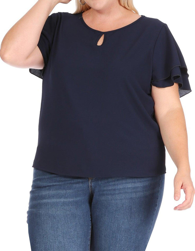Women's Plus Size Casual Solid Flowy Short Sleeve Round Neck Key Hole Top FashionJOA