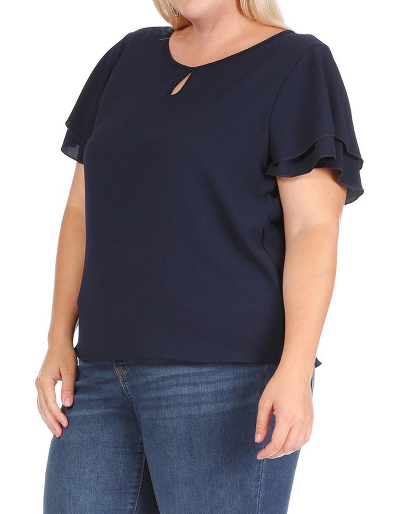 Women's Plus Size Casual Solid Flowy Short Sleeve Round Neck Key Hole Top FashionJOA