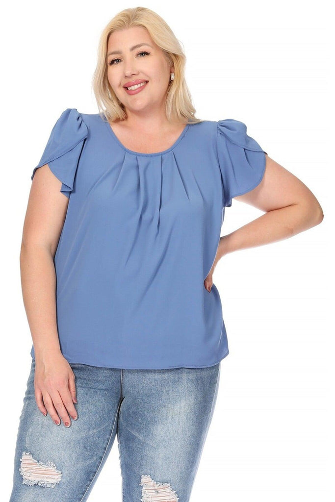 Women's Plus Size Casual Solid Pleated Front Petal Cap Sleeve Round Neck Blouse FashionJOA