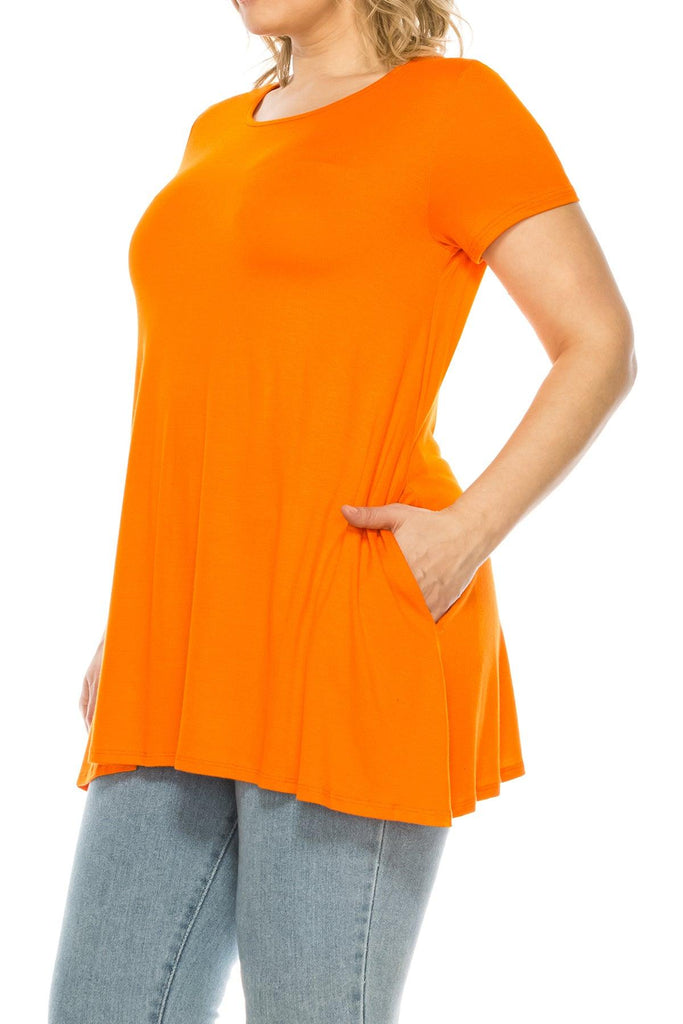 Women's Plus Size Casual Solid Short Sleeve Round Neck Tunic Tops with Side Pockets FashionJOA