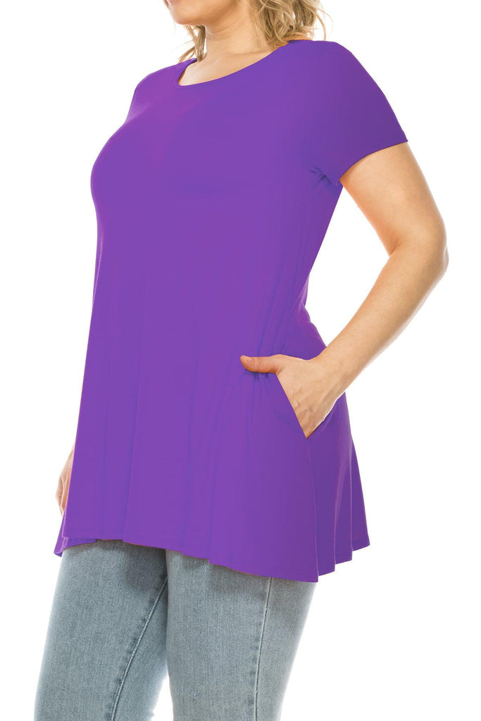 Women's Plus Size Casual Solid Short Sleeve Round Neck Tunic Tops with Side Pockets FashionJOA