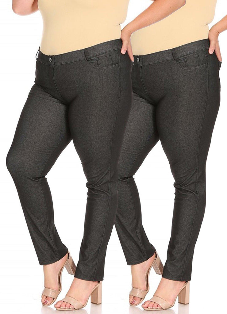 Women's Plus Size Comfy Slim Pocket Jeggings Jeans Pants with Button Pack of 2 FashionJOA
