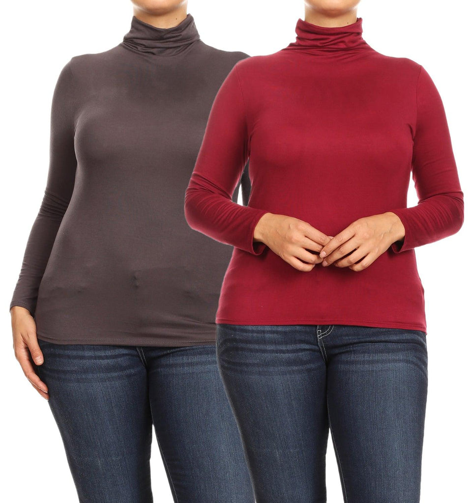 Women's Plus Size Fitted Long Sleeve Solid Turtleneck Sweater (Pack of 2) FashionJOA