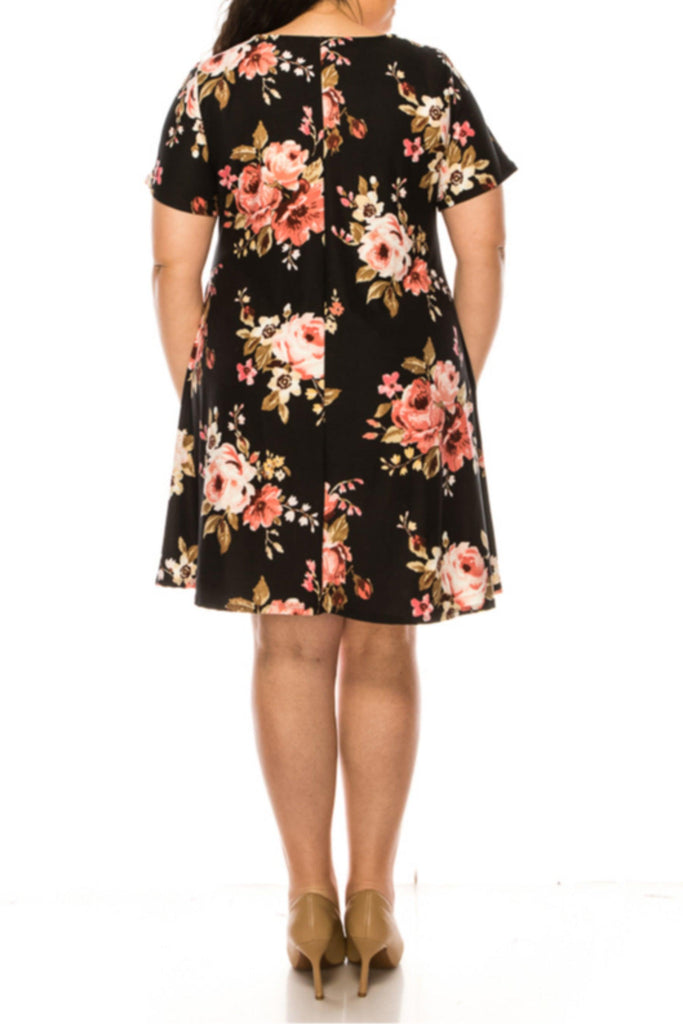Women's Plus Size Floral Short Sleeve Dress with Round Neckline and Side Pockets FashionJOA