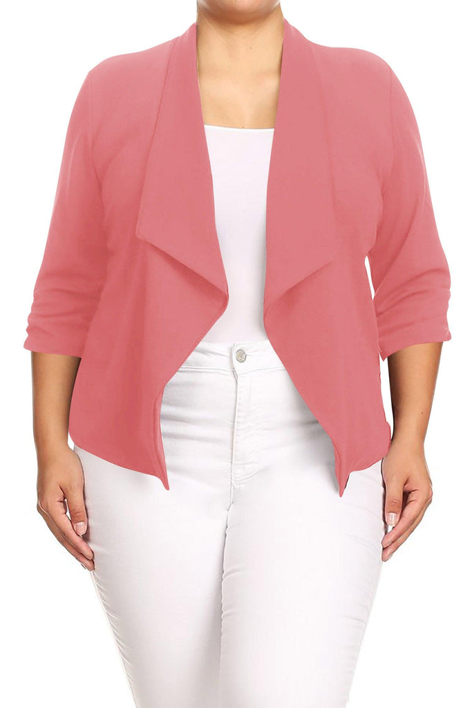 Women's Plus Size Open Front Rolled Up 3/4 Sleeves Office Work Wear Solid Blazer Jacket FashionJOA