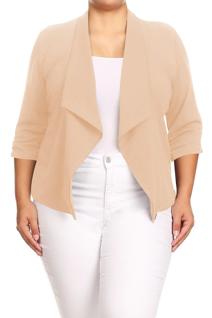 Women's Plus Size Open Front Rolled Up 3/4 Sleeves Office Work Wear Solid Blazer Jacket FashionJOA