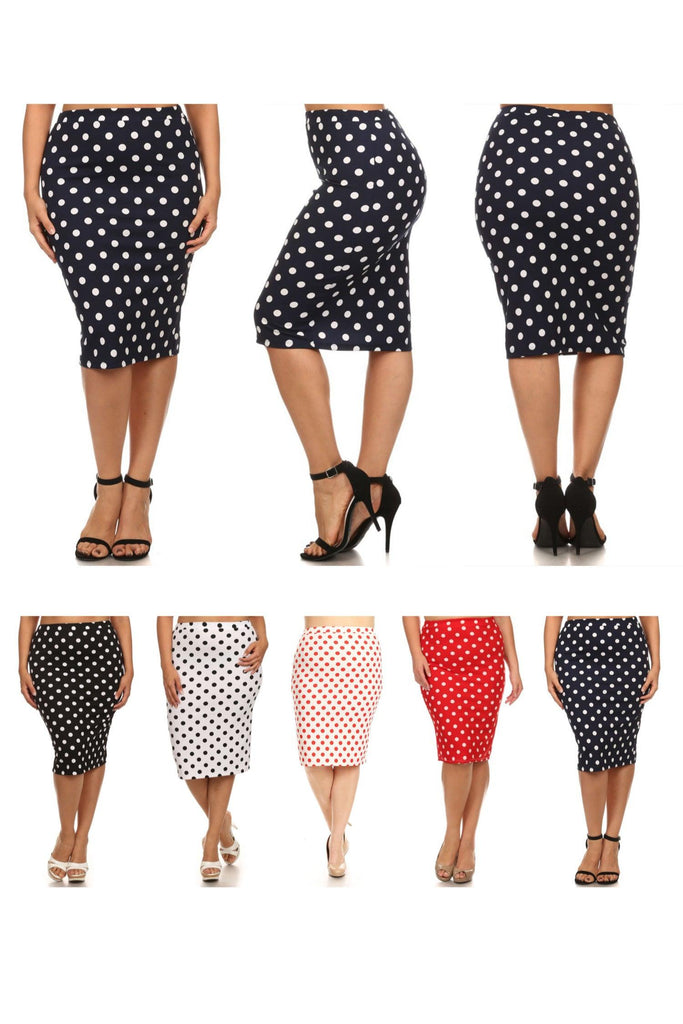 Women's Plus Size Polka Dot Elastic Waistband Stretch Pencil Midi Skirt FashionJOA