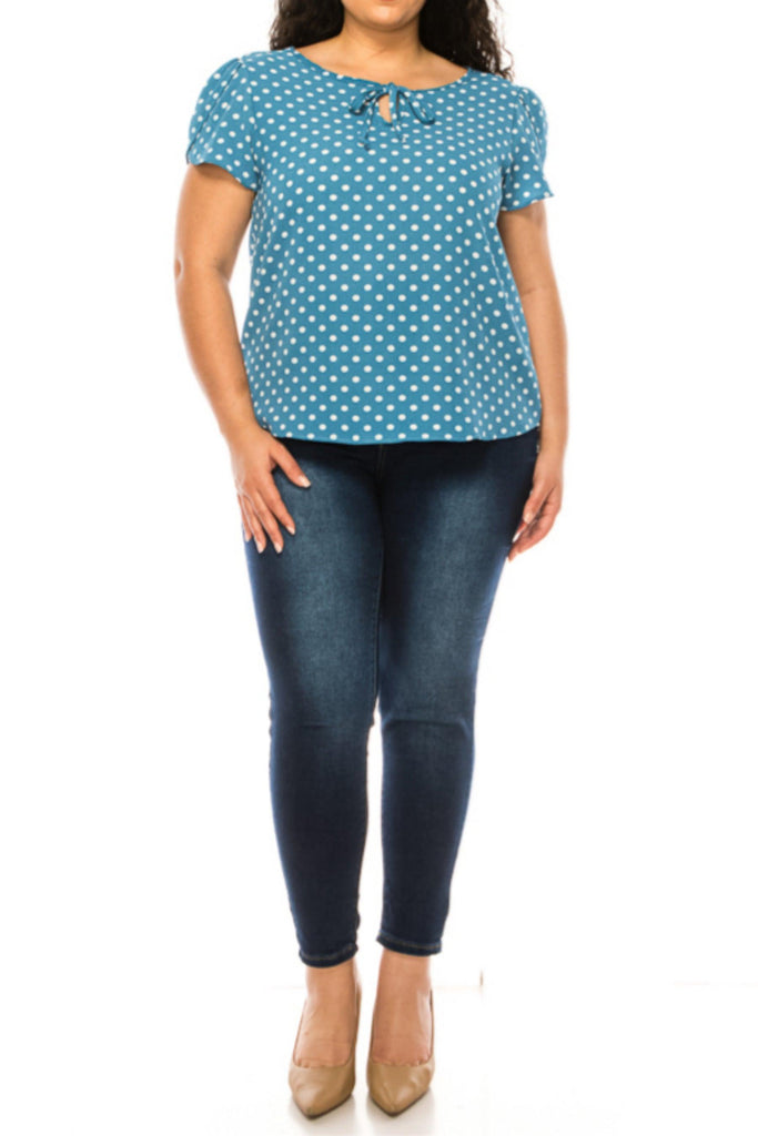 Women's Plus Size Polka Dot Overlapping Short Sleeve Ribbon Accent Top FashionJOA