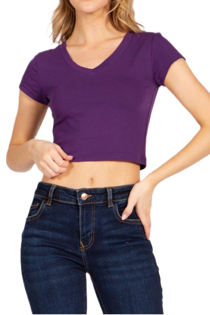 Women's Plus Size Short Sleeve Stretch V-Neck Crop Top T-Shirt FashionJOA