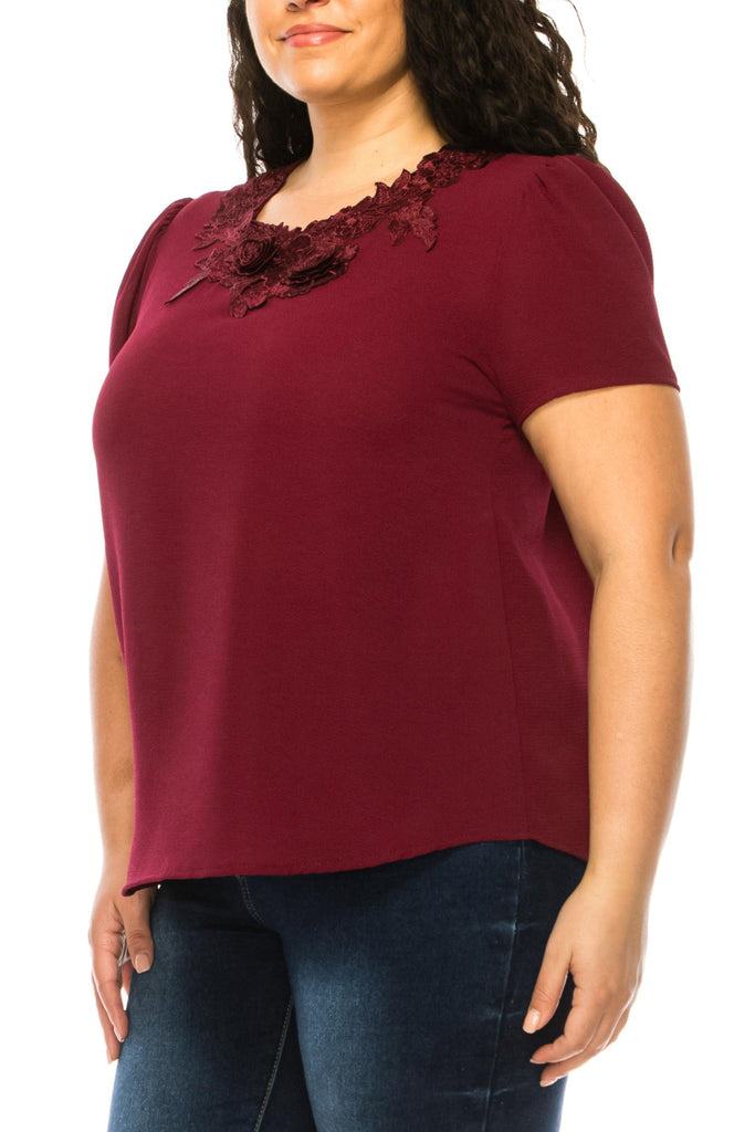 Women's Plus Size Short Sleeve Top with Puff Sleeves Lace Accent Round Neck FashionJOA