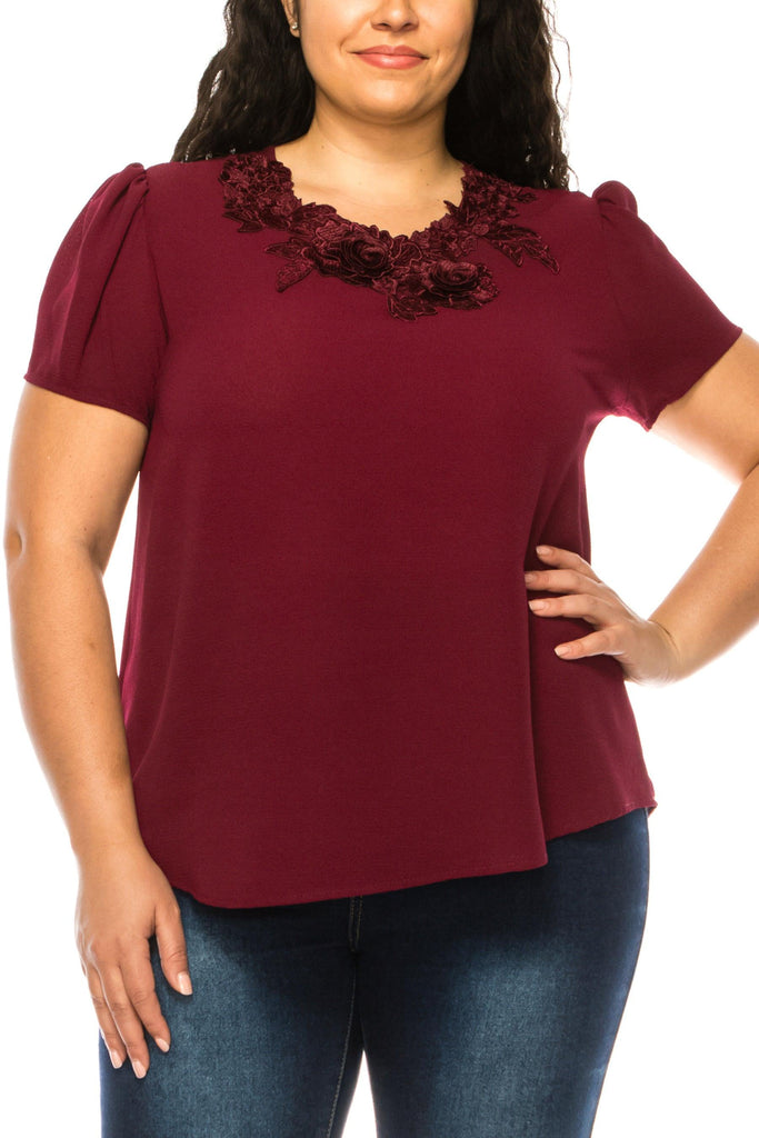 Women's Plus Size Short Sleeve Top with Puff Sleeves Lace Accent Round Neck FashionJOA