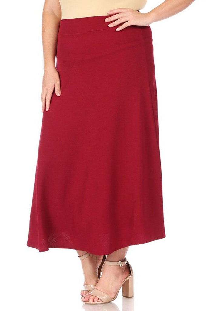 Women's Plus Size Solid  Flare A-line Midi Skirt with Elastic Waistband FashionJOA