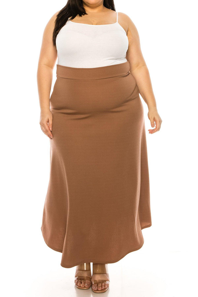 Women's Plus Size Solid High Waisted Flare A-line Midi Skirt with Elastic Waistband FashionJOA