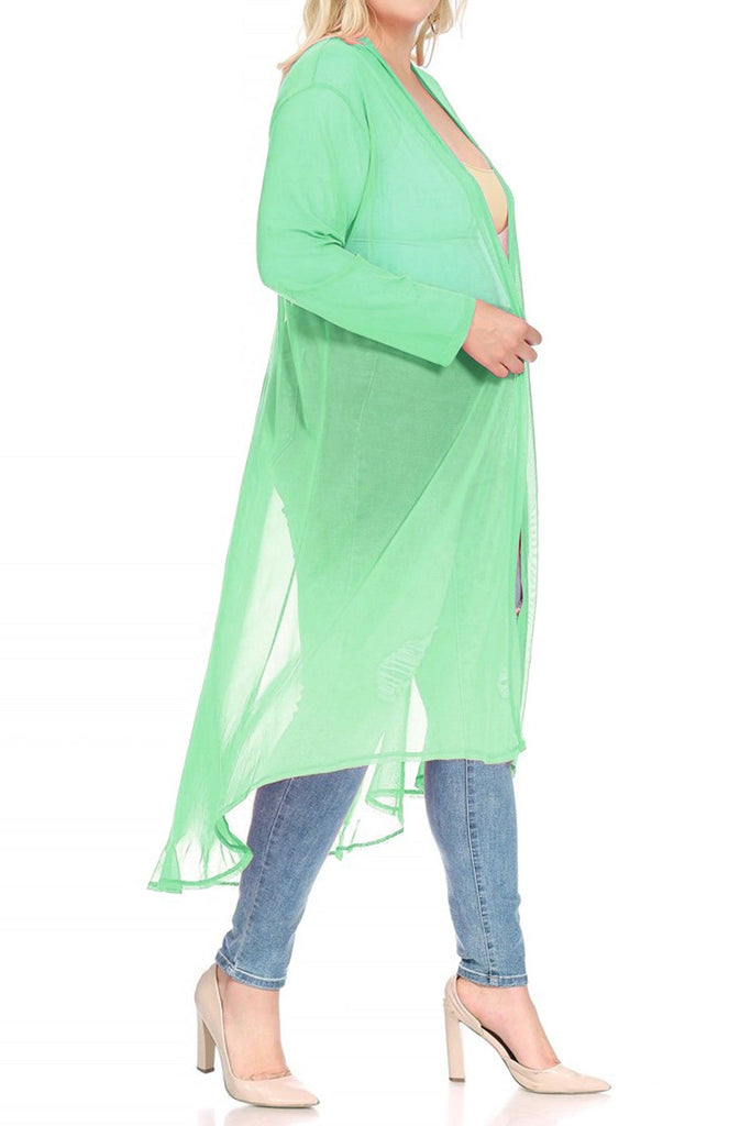 Women's Plus Size Solid Open Front Long Sleeve Chiffon Mesh Loose Cover Up Long Cardigan FashionJOA