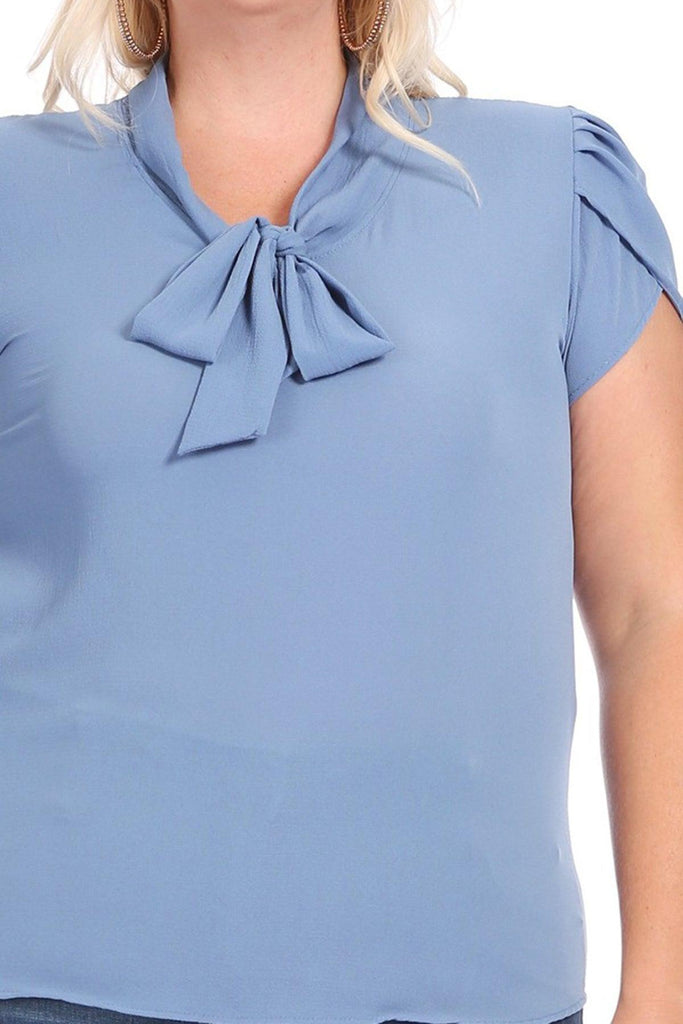 Women's Plus Size Solid Petal Sleeve Bow Tie Neck Short Sleeve Blouse FashionJOA