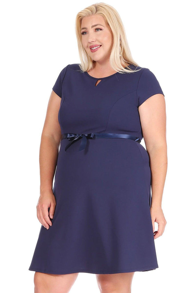 Women's Plus Size Solid Round Neck Front Cutout Short Sleeve Flared A Line Dresses FashionJOA