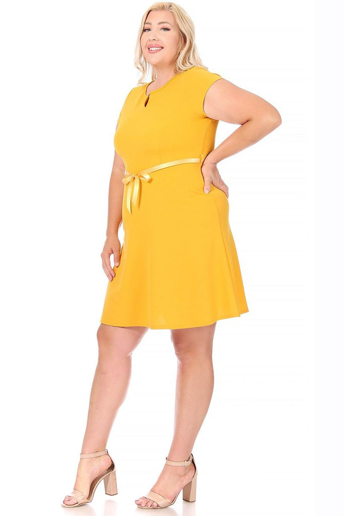 Women's Plus Size Solid Round Neck Front Cutout Short Sleeve Flared A Line Dresses FashionJOA