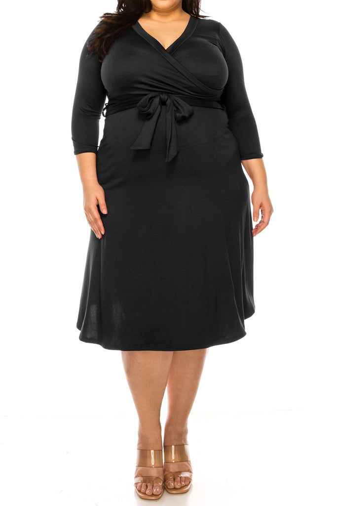 Women's Plus Size Wrap Dress 3/4 Sleeve V Neck Waist Tie FashionJOA