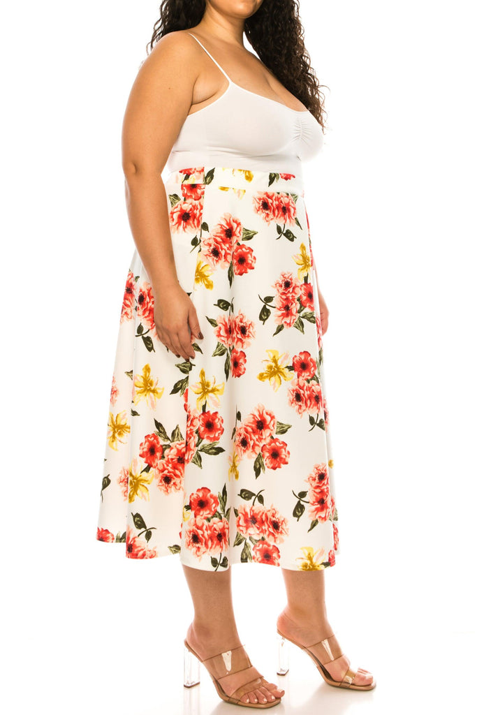 Women's Plus size Floral Printed Elastic Waist A-Line Midi Skirt FashionJOA