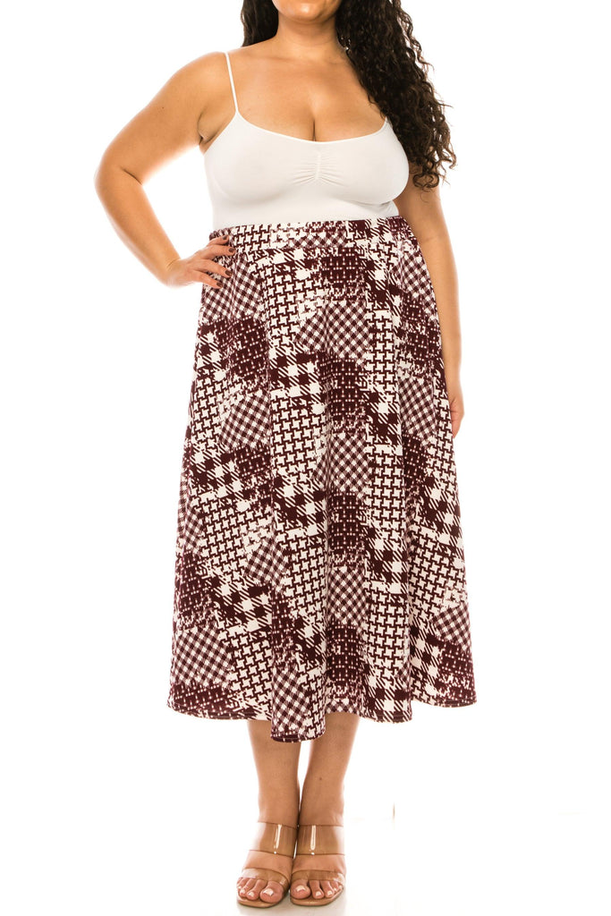 Women's Plus size Floral Printed Elastic Waist A-Line Midi Skirt FashionJOA