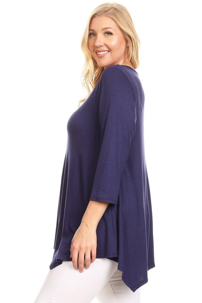Women's Plus size Knit Tunic Tops Asymmetrical 3/4 Sleeve V-Neck Flowy Blouse FashionJOA