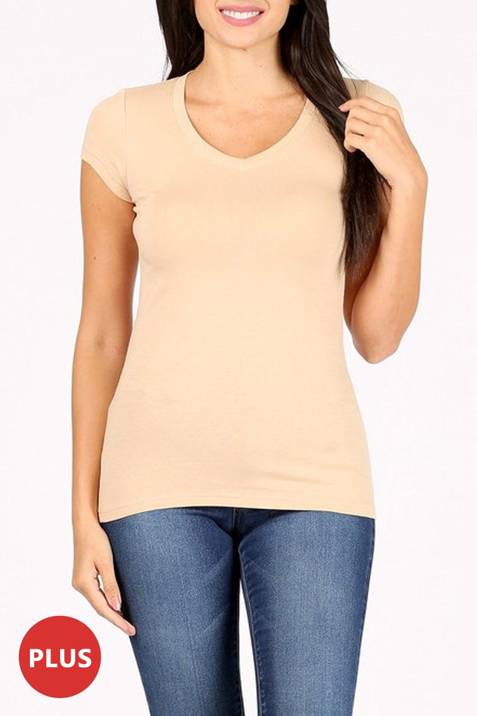 Women's Plus size Solid Basic Short Sleeve V-Neck Top FashionJOA