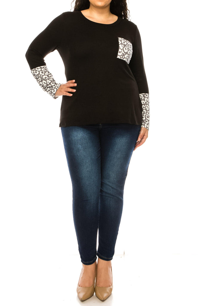 Women's Plus size long sleeve color block top with animal print accent and breast pocket FashionJOA